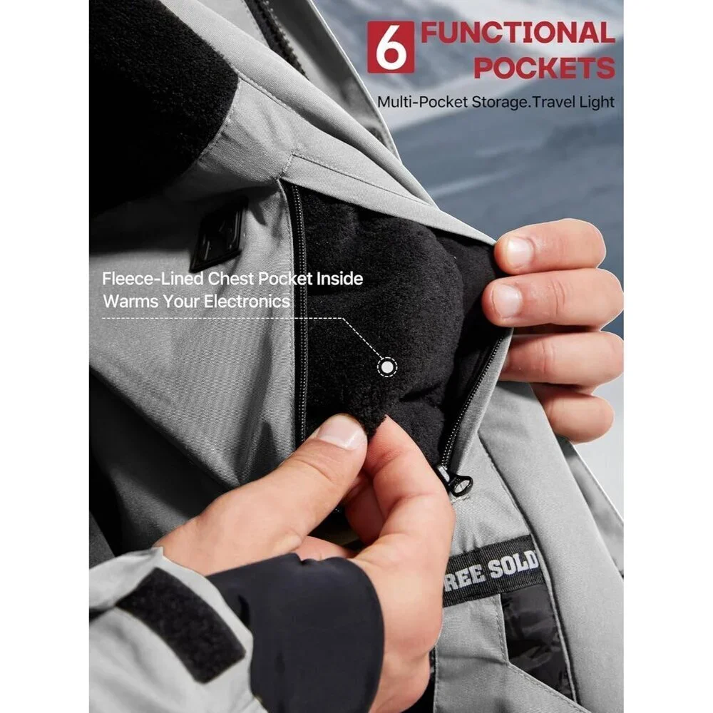 Men's Light Gray Waterproof Ski Snow Fleece Lined Warm Winter Rain Jacket